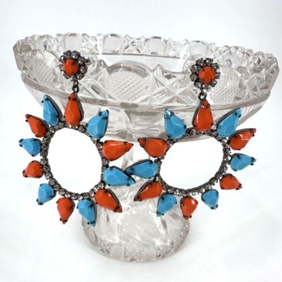 Kenneth Jay Lane Womens Large Circle Crystal Drop Dangle Earring Turquoise Coral - Picture 3 of 12